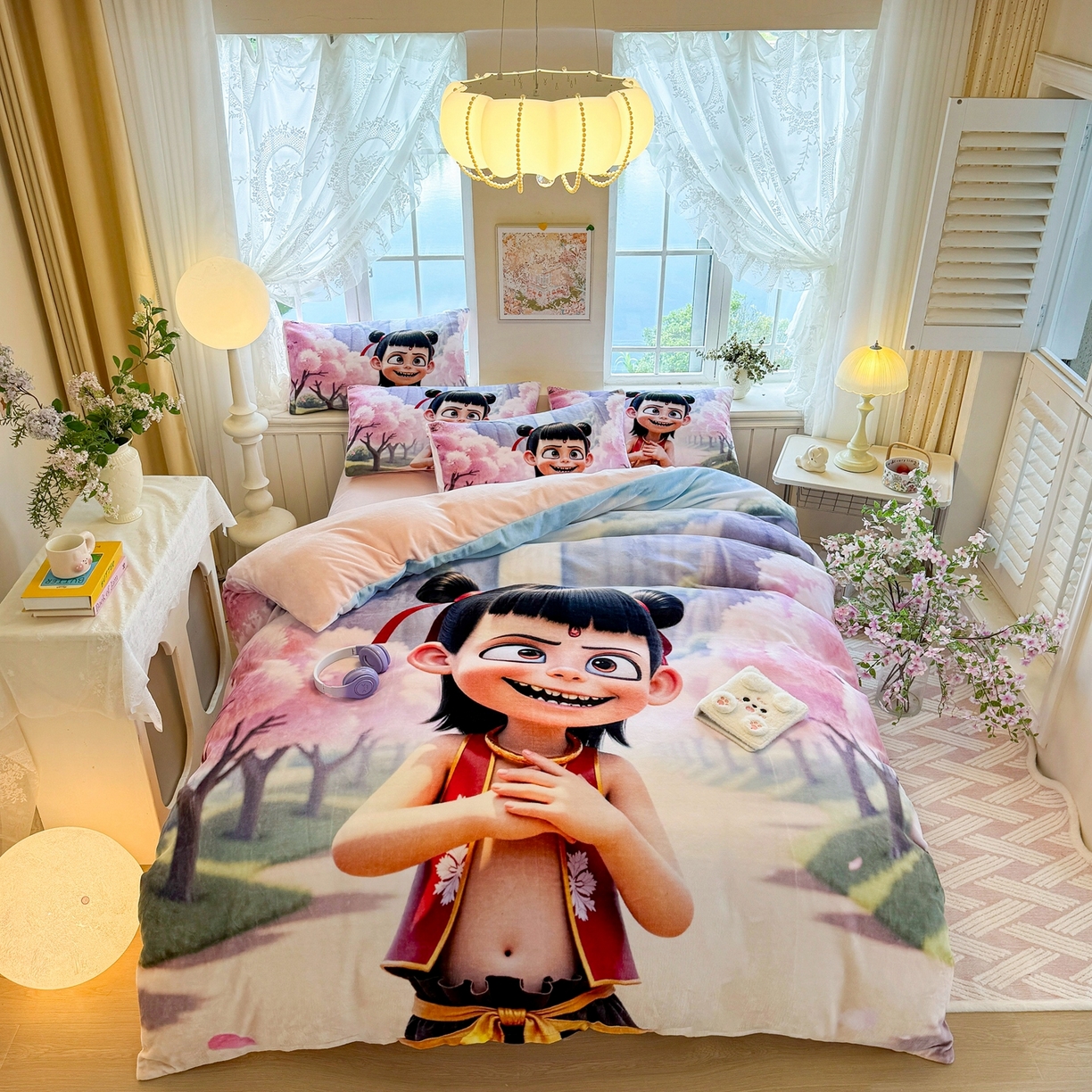 91家纺网 家纺一手货源 找家纺 馨语家居 2025新款直播热款高克重保暖卡通牛奶绒印花四件套 魔童哪吒