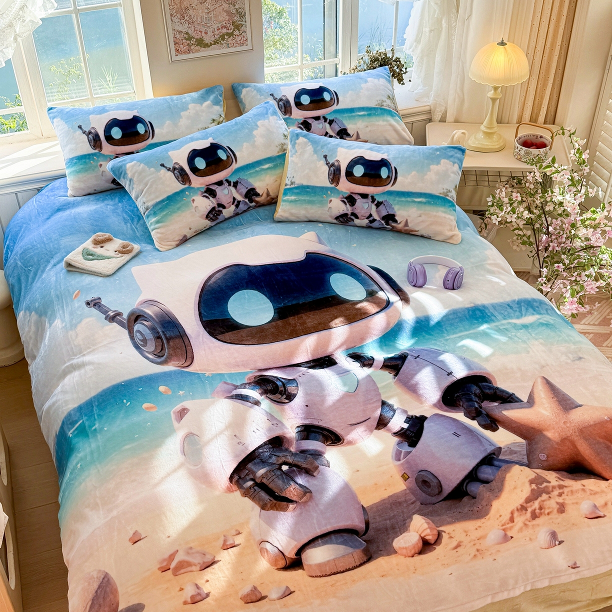 91家纺网 家纺一手货源 找家纺 馨语家居 2025新款直播热款高克重保暖卡通牛奶绒印花四件套 海洋机器人