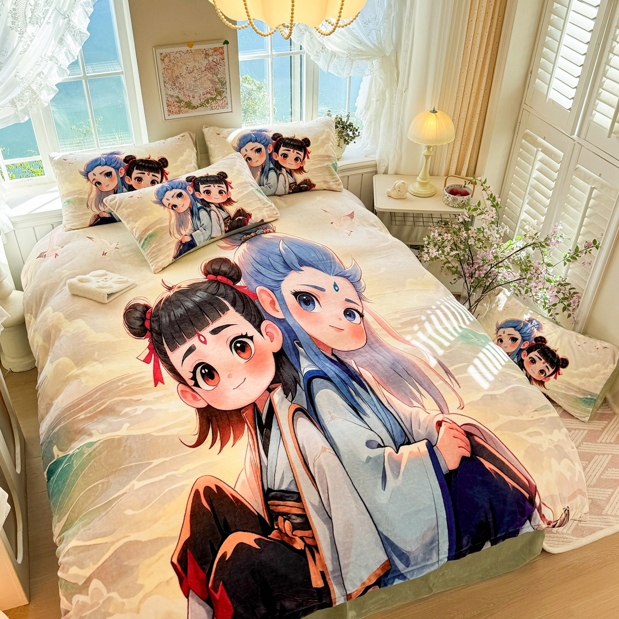 91家纺网 家纺一手货源 找家纺 馨语家居 2025新款直播热款高克重保暖卡通牛奶绒印花四件套 哪吒敖丙