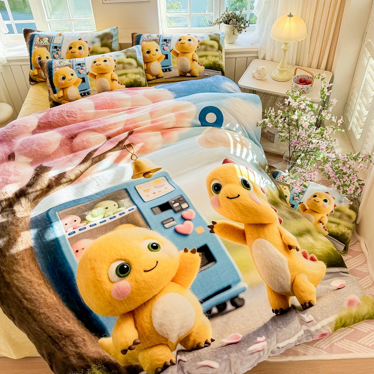 91家纺网 家纺一手货源 找家纺 馨语家居 2025新款直播热款高克重保暖卡通牛奶绒印花四件套 娃娃机