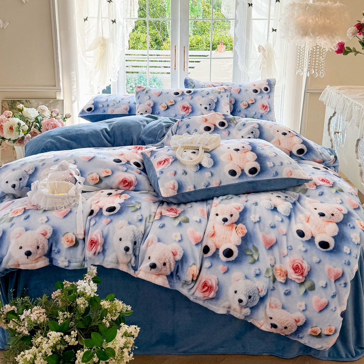 91家纺网 家纺一手货源 找家纺 馨语家居 2025新款直播热款高克重保暖卡通牛奶绒印花四件套 针织小熊