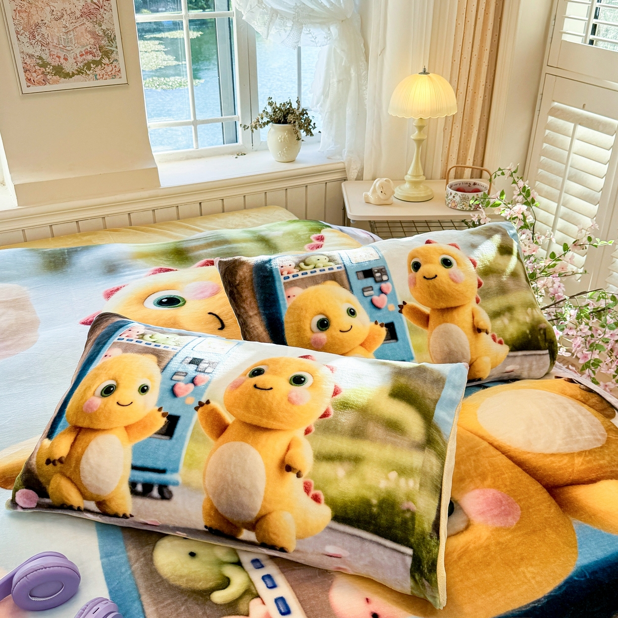 91家纺网 家纺一手货源 找家纺 馨语家居 2025新款直播热款高克重保暖卡通牛奶绒印花四件套 娃娃机