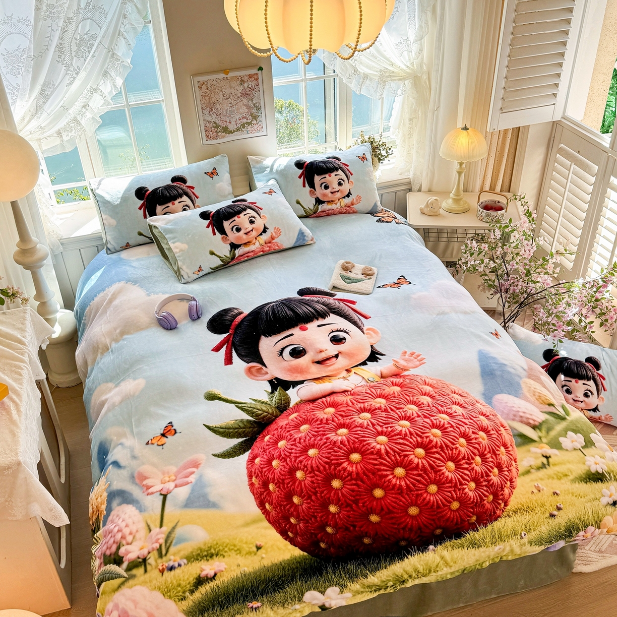 91家纺网 家纺一手货源 找家纺 馨语家居 2025新款直播热款高克重保暖卡通牛奶绒印花四件套 草莓哪吒