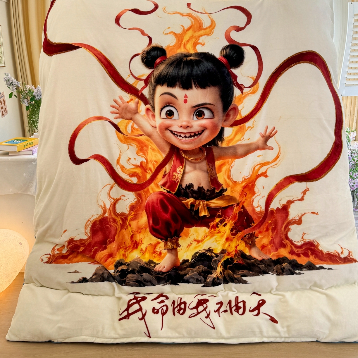 91家纺网 家纺一手货源 找家纺 馨语家居 2025新款直播热款高克重保暖卡通牛奶绒印花四件套 浴火哪吒