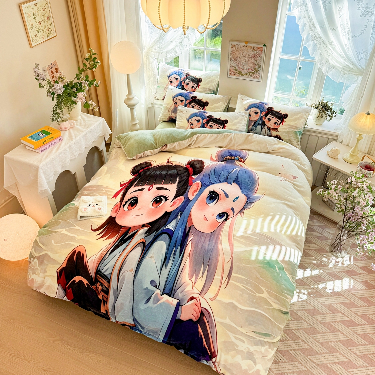 91家纺网 家纺一手货源 找家纺 馨语家居 2025新款直播热款高克重保暖卡通牛奶绒印花四件套 哪吒敖丙