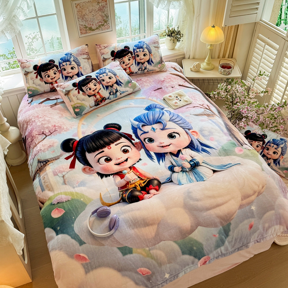 91家纺网 家纺一手货源 找家纺 馨语家居 2025新款直播热款高克重保暖卡通牛奶绒印花四件套 腾云哪吒