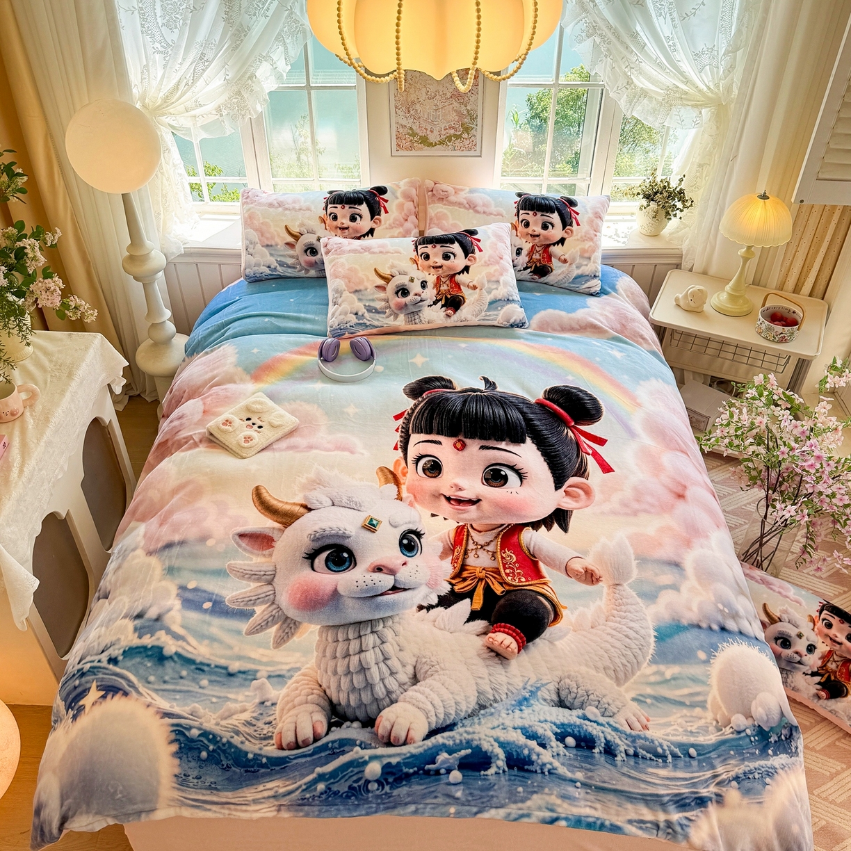 91家纺网 家纺一手货源 找家纺 馨语家居 2025新款直播热款高克重保暖卡通牛奶绒印花四件套 彩虹哪吒