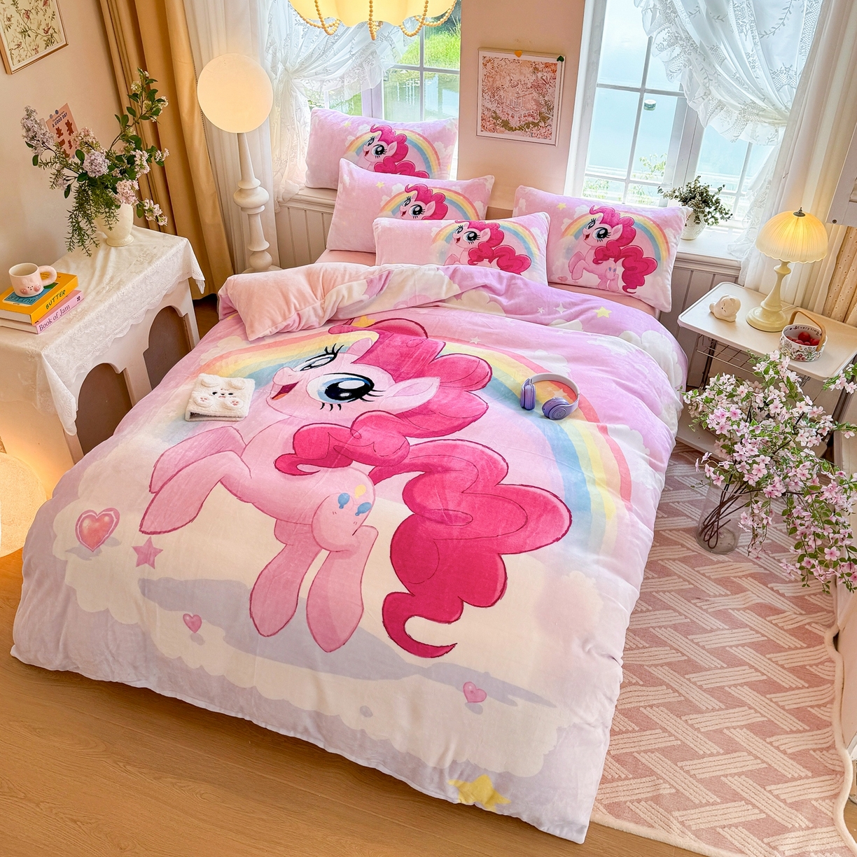 91家纺网 家纺一手货源 找家纺 馨语家居 2025新款直播热款高克重保暖卡通牛奶绒印花四件套 彩虹碧琪