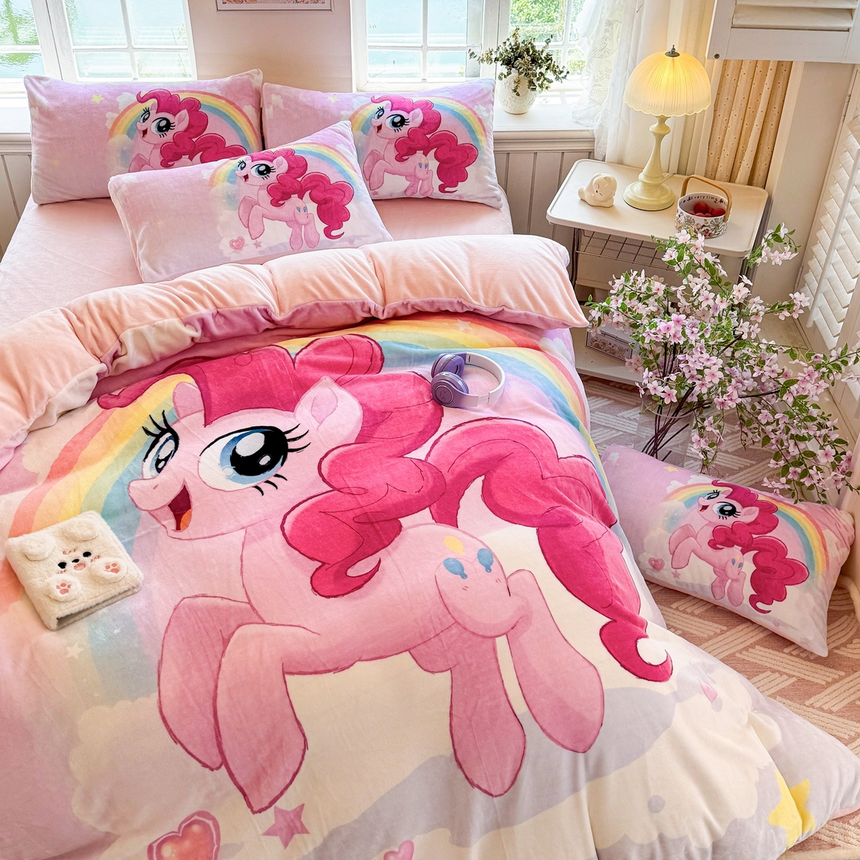 91家纺网 家纺一手货源 找家纺 馨语家居 2025新款直播热款高克重保暖卡通牛奶绒印花四件套 彩虹碧琪