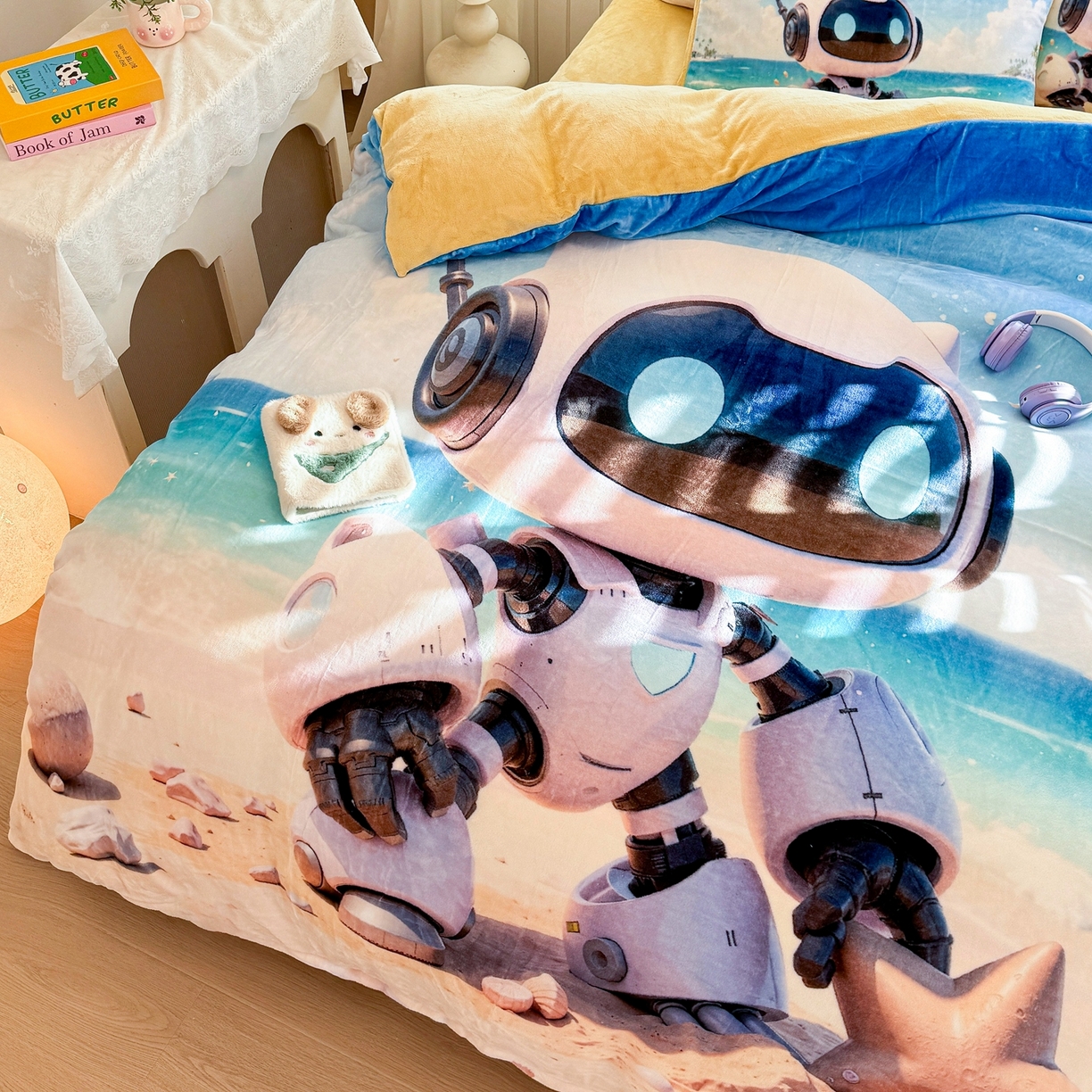 91家纺网 家纺一手货源 找家纺 馨语家居 2025新款直播热款高克重保暖卡通牛奶绒印花四件套 海洋机器人