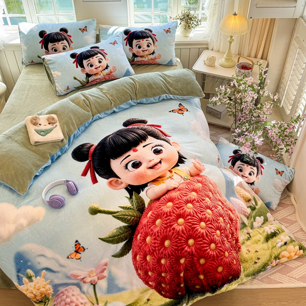 91家纺网 家纺一手货源 找家纺 馨语家居 2025新款直播热款高克重保暖卡通牛奶绒印花四件套 草莓哪吒