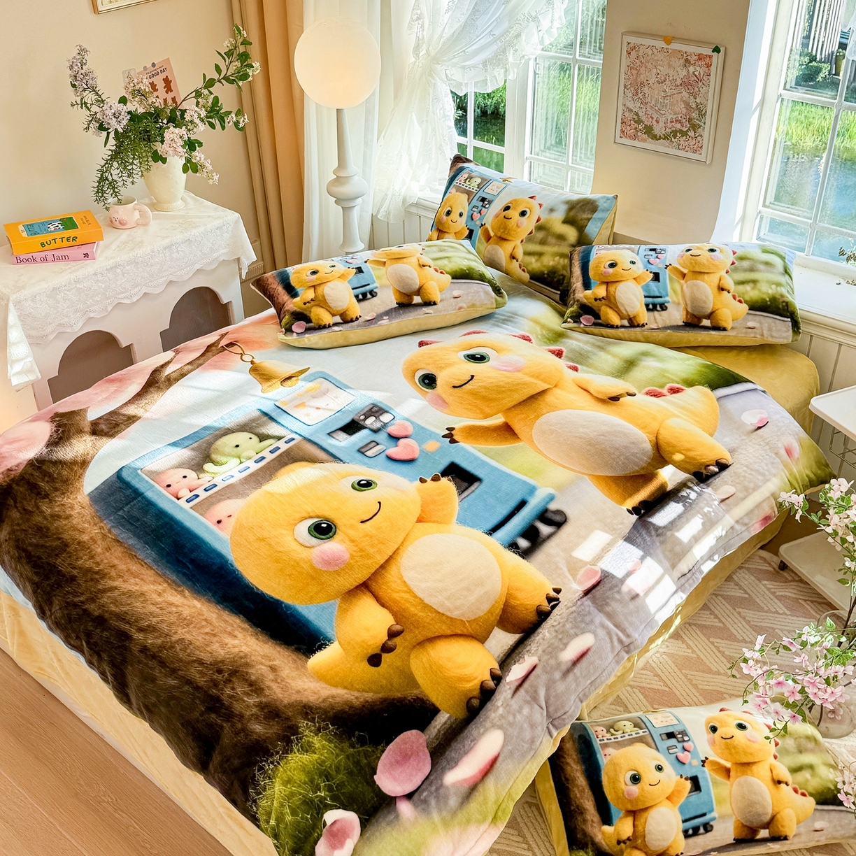 91家纺网 家纺一手货源 找家纺 馨语家居 2025新款直播热款高克重保暖卡通牛奶绒印花四件套 娃娃机