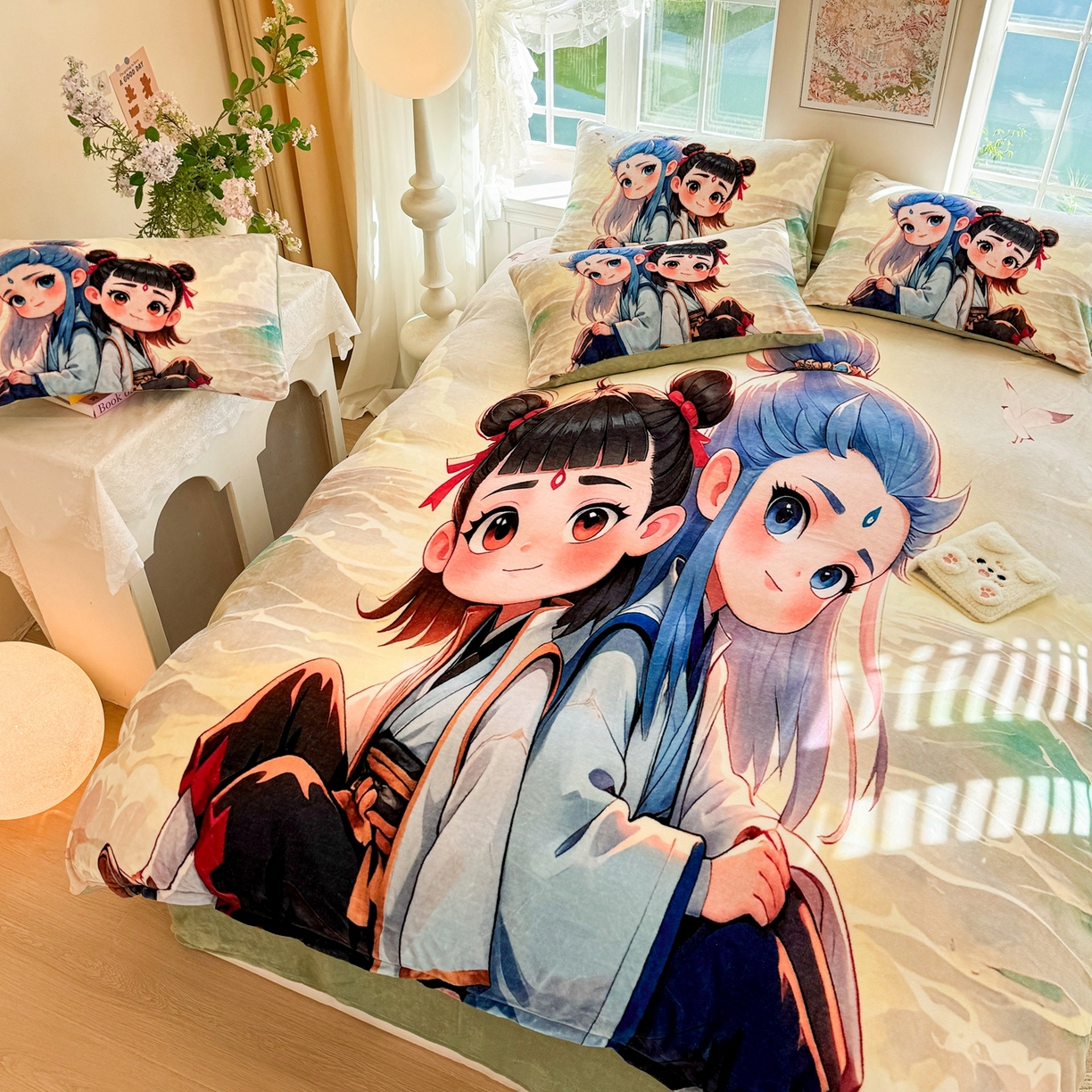 91家纺网 家纺一手货源 找家纺 馨语家居 2025新款直播热款高克重保暖卡通牛奶绒印花四件套 哪吒敖丙