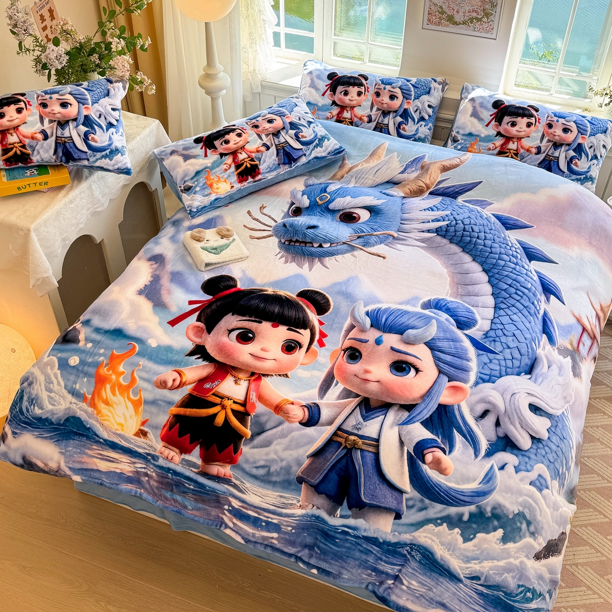 91家纺网 家纺一手货源 找家纺 馨语家居 2025新款直播热款高克重保暖卡通牛奶绒印花四件套 神龙哪吒