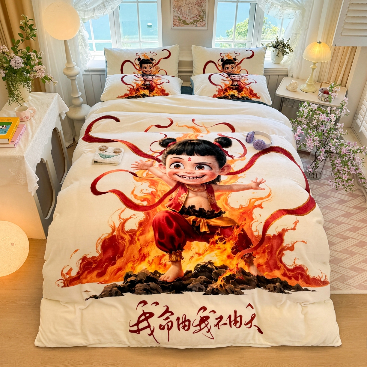 91家纺网 家纺一手货源 找家纺 馨语家居 2025新款直播热款高克重保暖卡通牛奶绒印花四件套 浴火哪吒