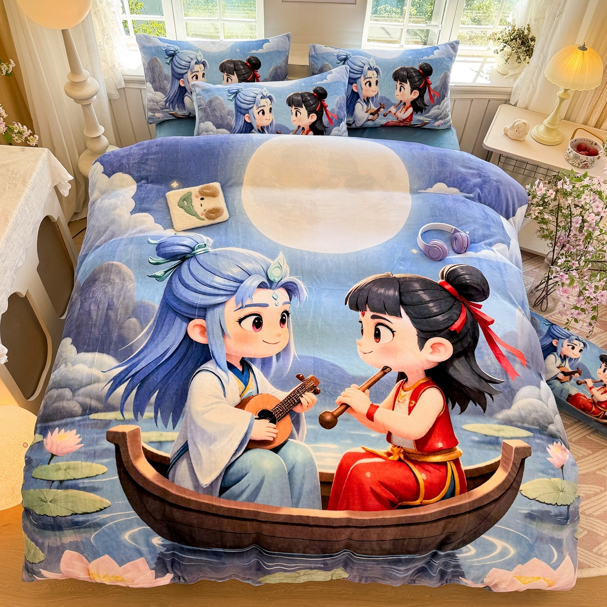 91家纺网 家纺一手货源 找家纺 馨语家居 2025新款直播热款高克重保暖卡通牛奶绒印花四件套 漂流哪吒