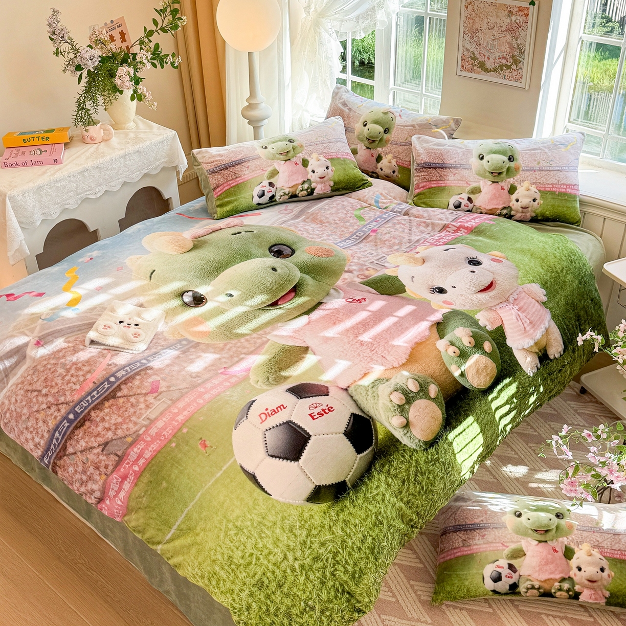 91家纺网 家纺一手货源 找家纺 馨语家居 2025新款直播热款高克重保暖卡通牛奶绒印花四件套 恐龙球队