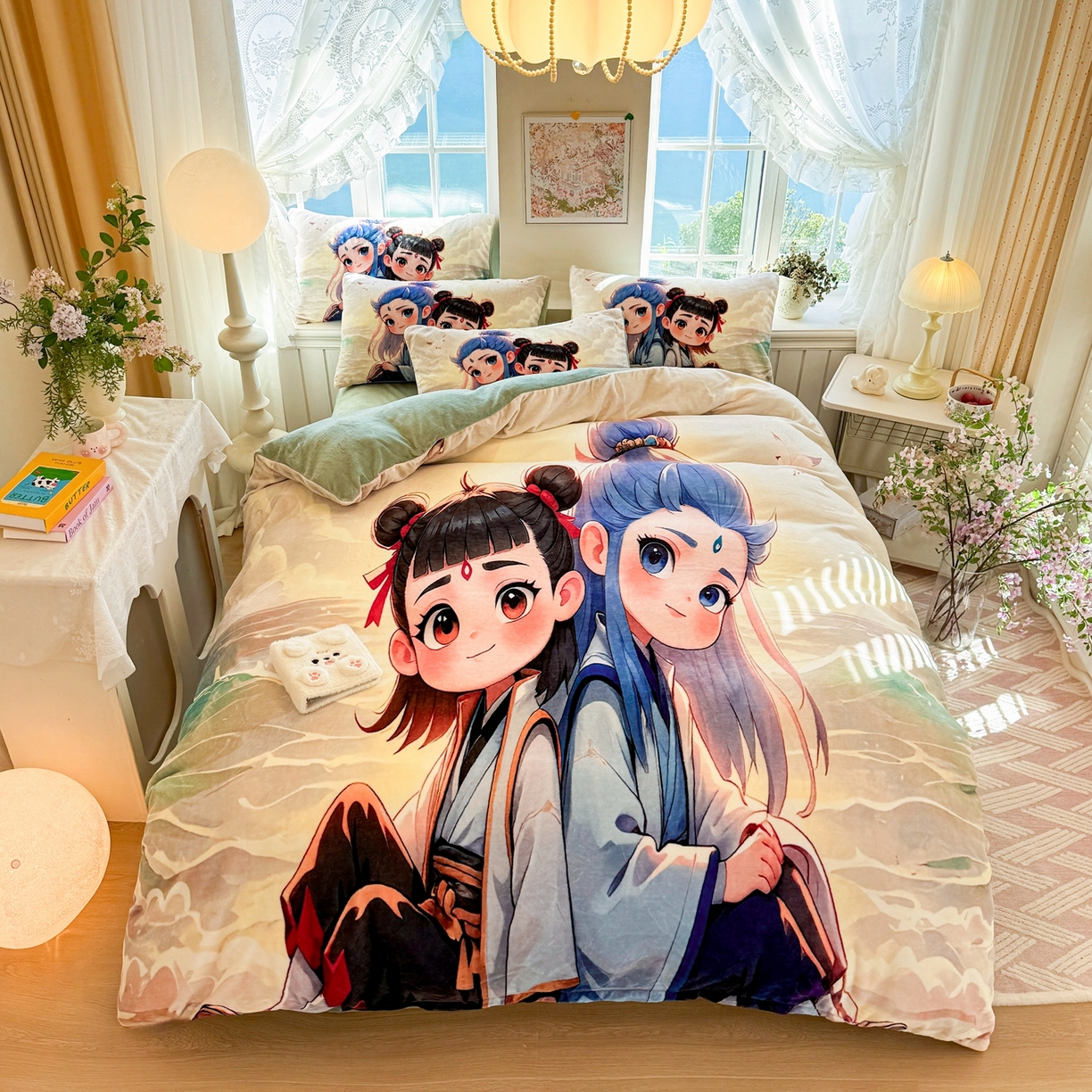 91家纺网 家纺一手货源 找家纺 馨语家居 2025新款直播热款高克重保暖卡通牛奶绒印花四件套 哪吒敖丙