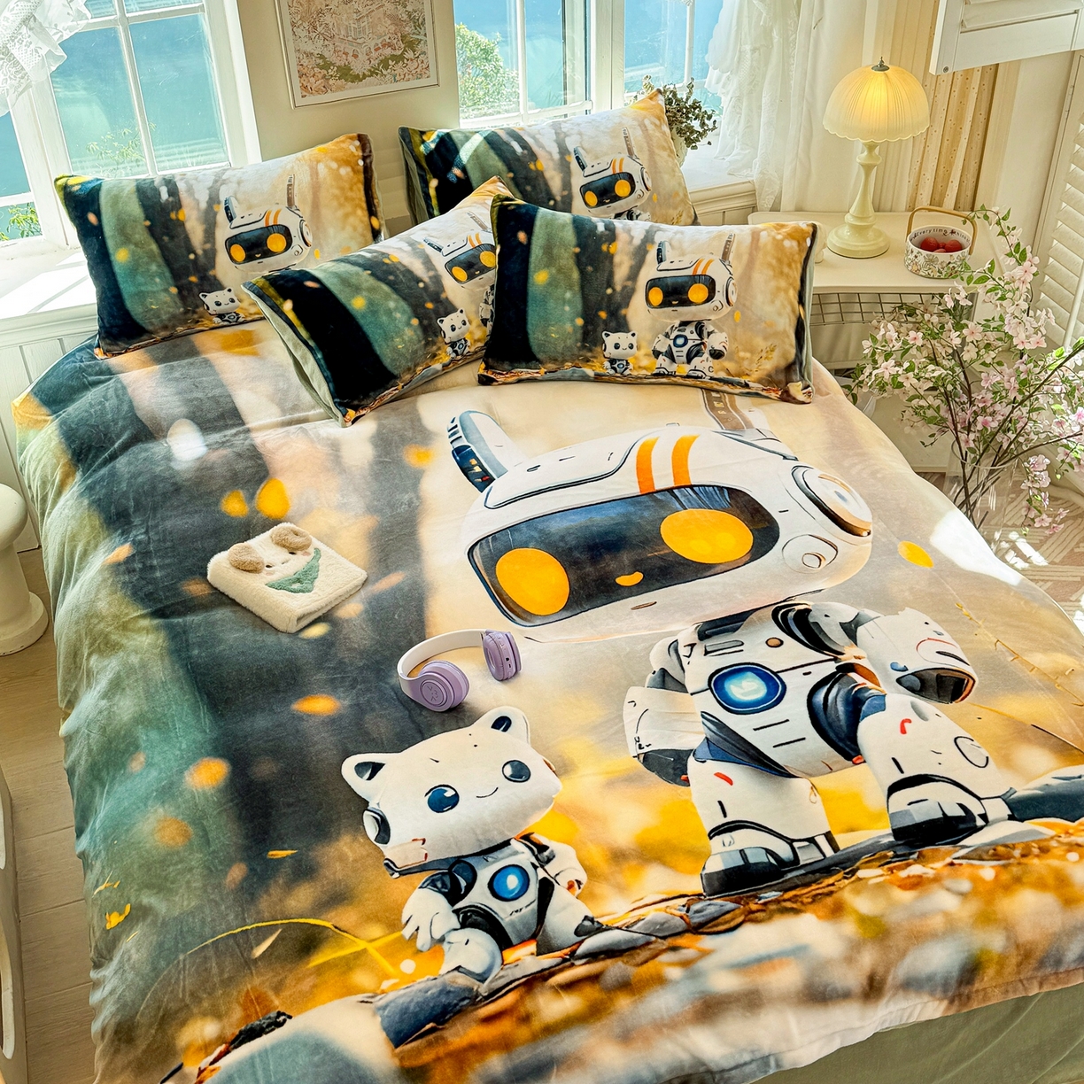 91家纺网 家纺一手货源 找家纺 馨语家居 2025新款直播热款高克重保暖卡通牛奶绒印花四件套 未来萌宠