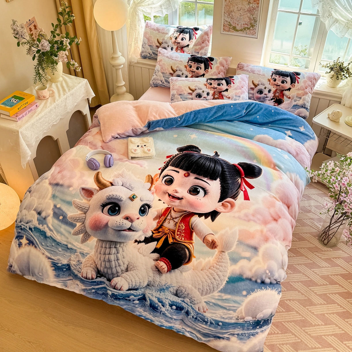 91家纺网 家纺一手货源 找家纺 馨语家居 2025新款直播热款高克重保暖卡通牛奶绒印花四件套 彩虹哪吒