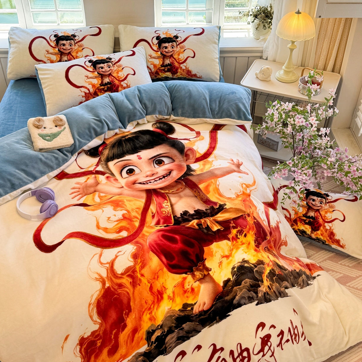 91家纺网 家纺一手货源 找家纺 馨语家居 2025新款直播热款高克重保暖卡通牛奶绒印花四件套 浴火哪吒