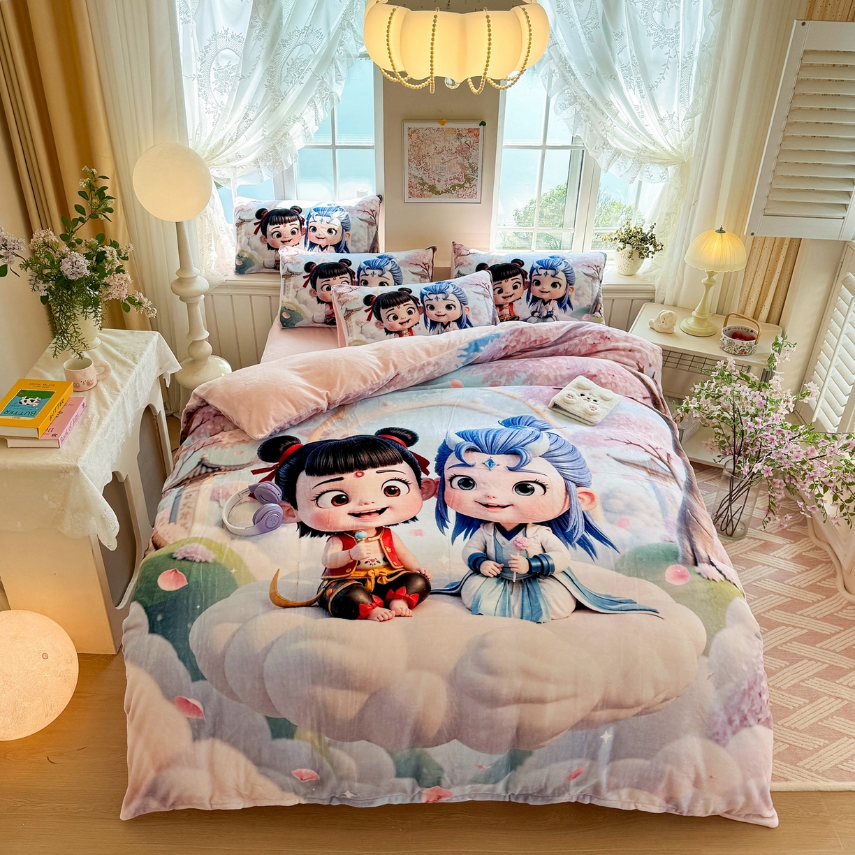 91家纺网 家纺一手货源 找家纺 馨语家居 2025新款直播热款高克重保暖卡通牛奶绒印花四件套 腾云哪吒