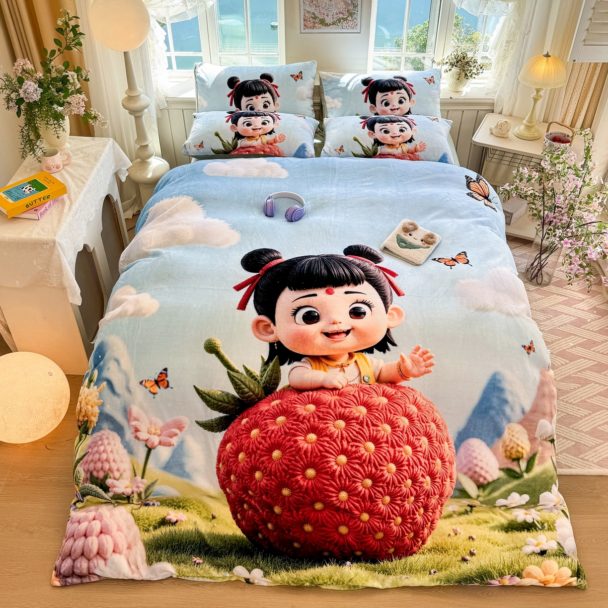 91家纺网 家纺一手货源 找家纺 馨语家居 2025新款直播热款高克重保暖卡通牛奶绒印花四件套 草莓哪吒