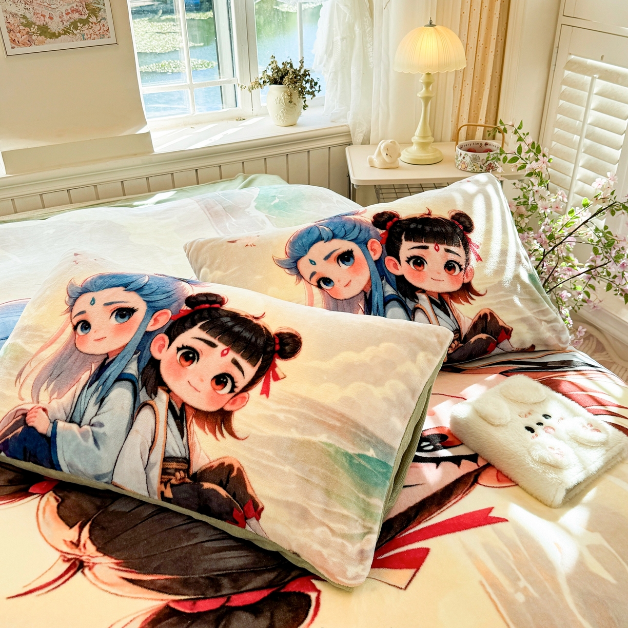 91家纺网 家纺一手货源 找家纺 馨语家居 2025新款直播热款高克重保暖卡通牛奶绒印花四件套 哪吒敖丙