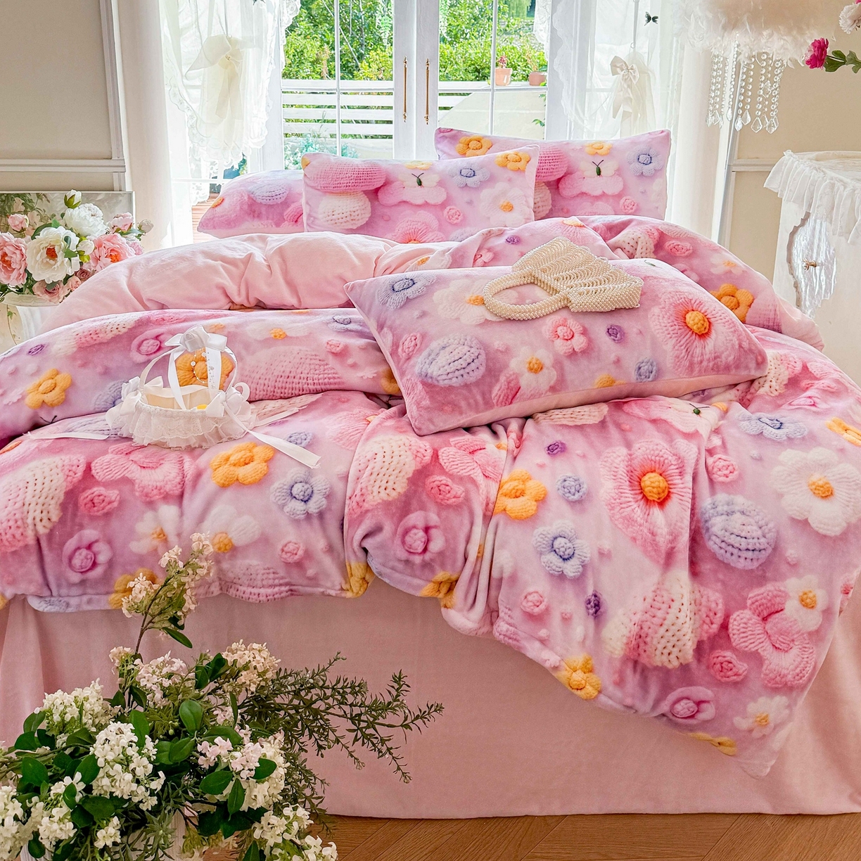 91家纺网 家纺一手货源 找家纺 馨语家居 2025新款直播热款高克重保暖卡通牛奶绒印花四件套 一路生花