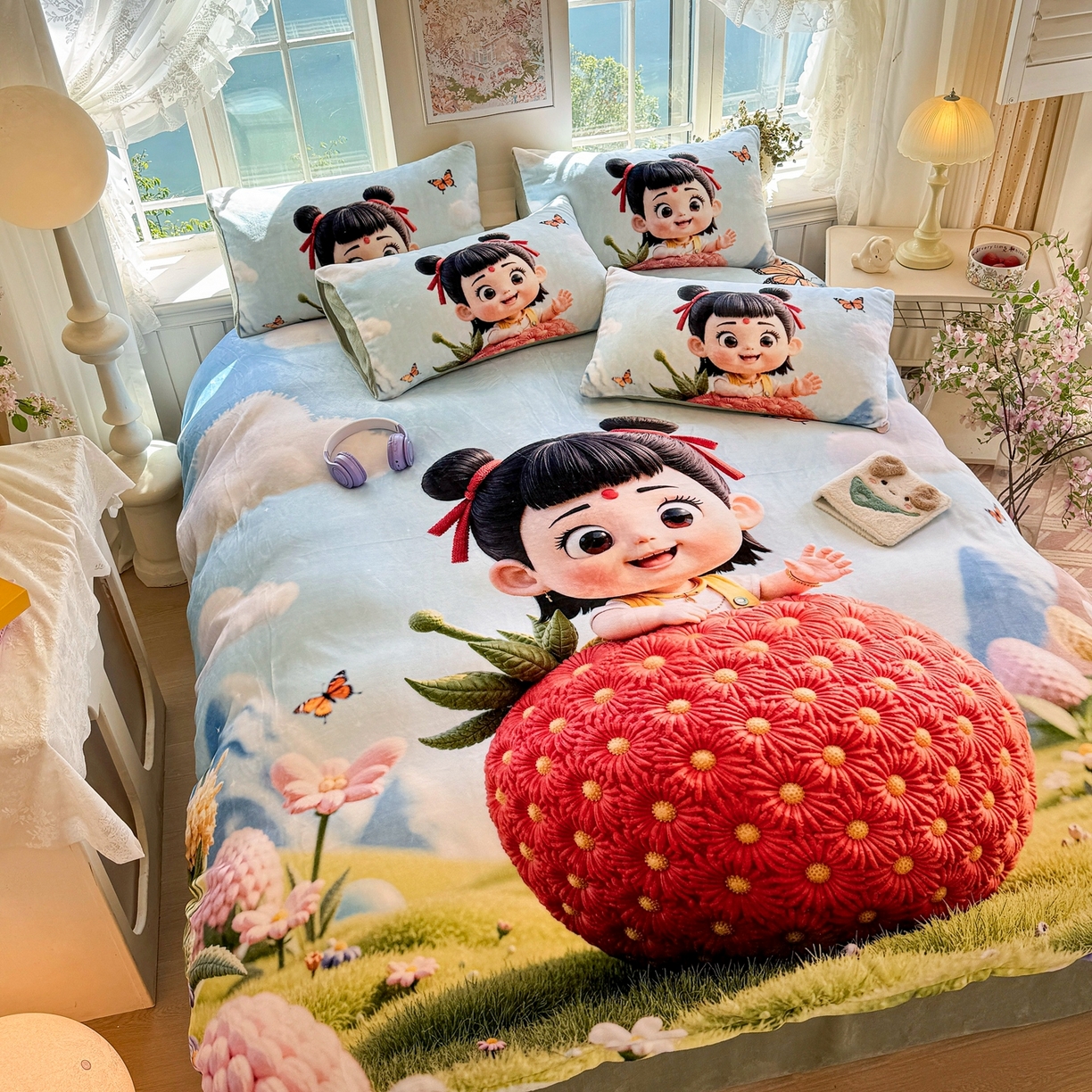 91家纺网 家纺一手货源 找家纺 馨语家居 2025新款直播热款高克重保暖卡通牛奶绒印花四件套 草莓哪吒