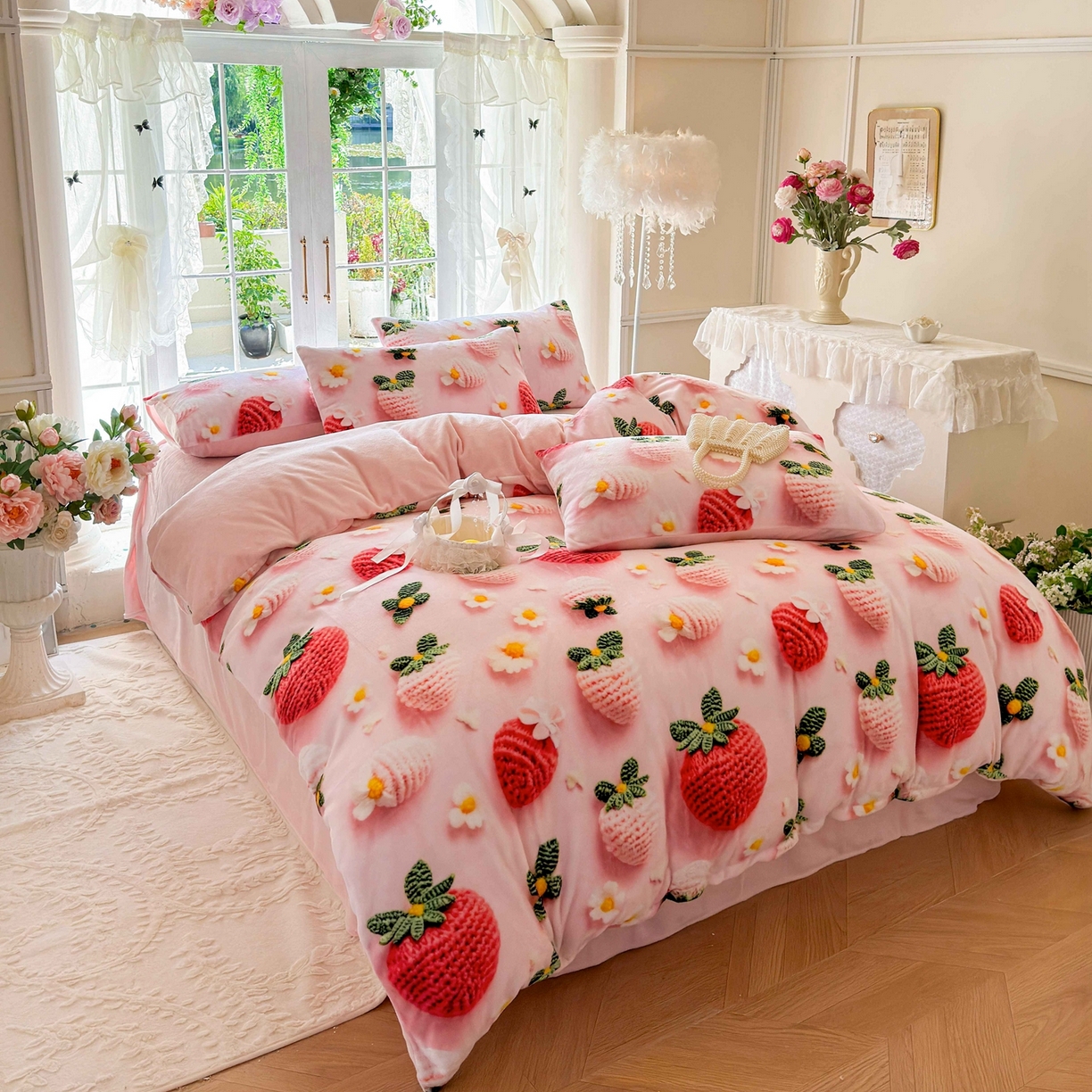 91家纺网 家纺一手货源 找家纺 馨语家居 2025新款直播热款高克重保暖卡通牛奶绒印花四件套 幸运草莓