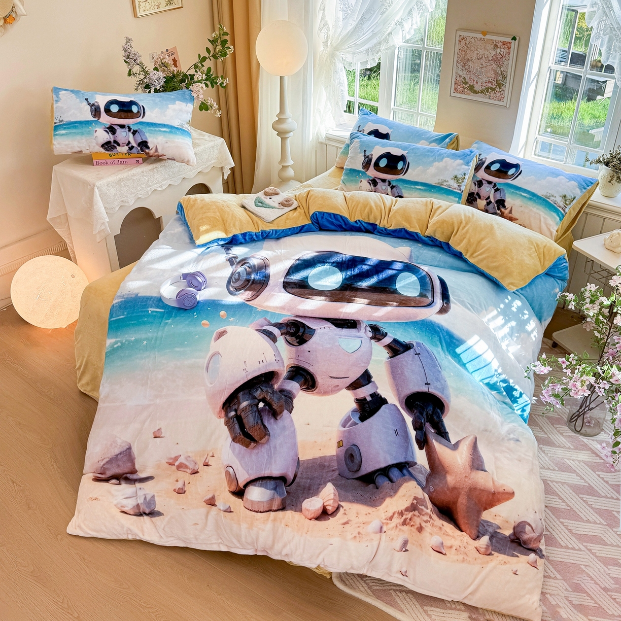 91家纺网 家纺一手货源 找家纺 馨语家居 2025新款直播热款高克重保暖卡通牛奶绒印花四件套 海洋机器人