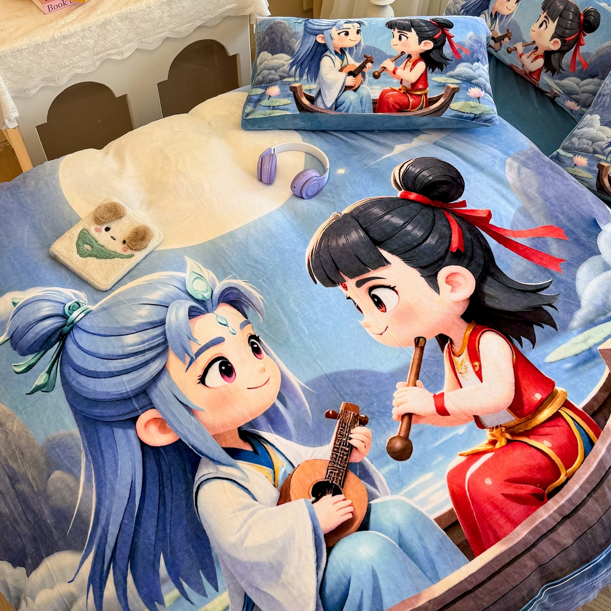 91家纺网 家纺一手货源 找家纺 馨语家居 2025新款直播热款高克重保暖卡通牛奶绒印花四件套 漂流哪吒