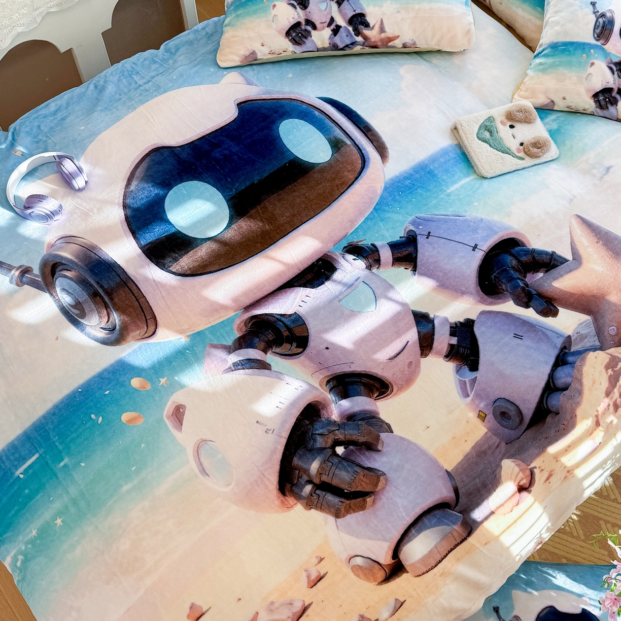 91家纺网 家纺一手货源 找家纺 馨语家居 2025新款直播热款高克重保暖卡通牛奶绒印花四件套 海洋机器人