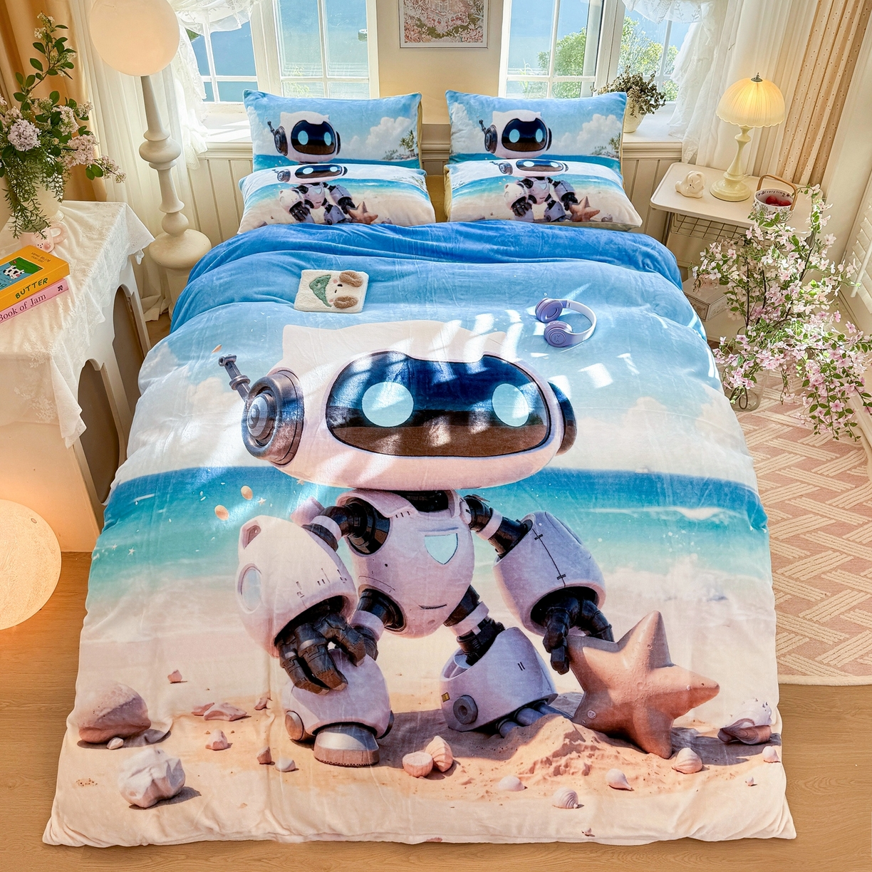 91家纺网 家纺一手货源 找家纺 馨语家居 2025新款直播热款高克重保暖卡通牛奶绒印花四件套 海洋机器人