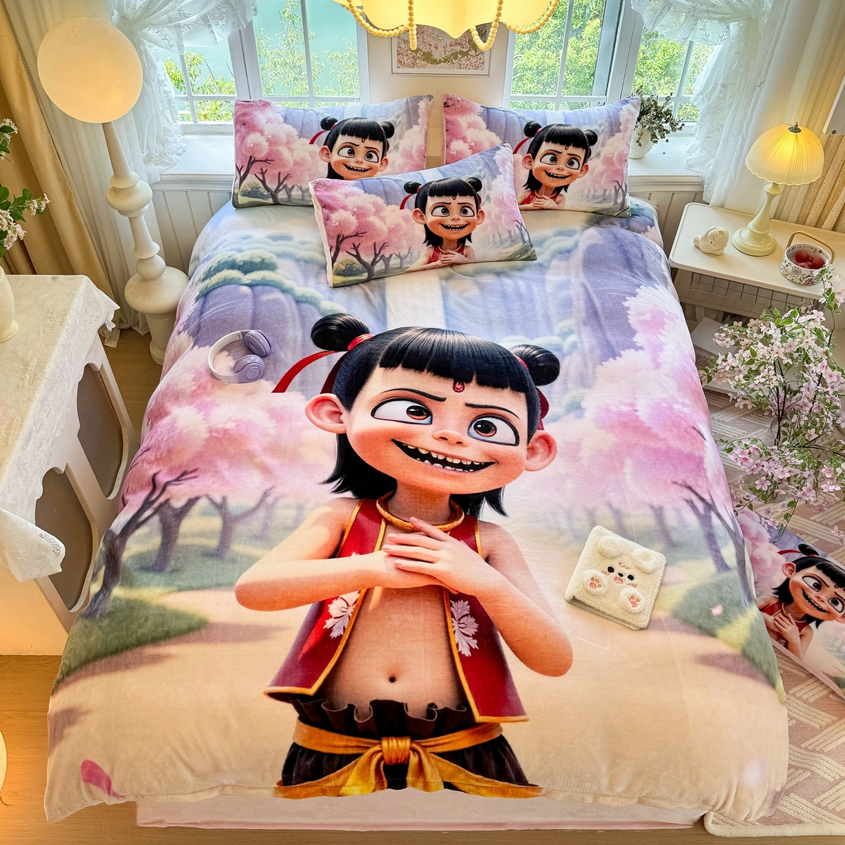 91家纺网 家纺一手货源 找家纺 馨语家居 2025新款直播热款高克重保暖卡通牛奶绒印花四件套 魔童哪吒