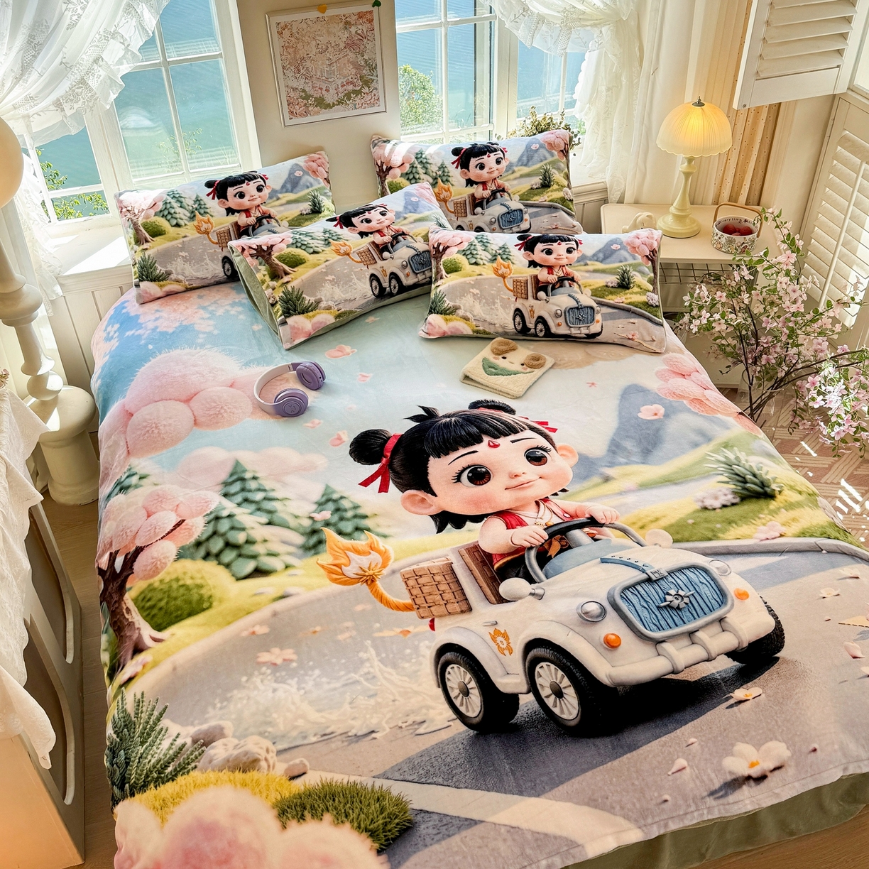 91家纺网 家纺一手货源 找家纺 馨语家居 2025新款直播热款高克重保暖卡通牛奶绒印花四件套 郊游哪吒