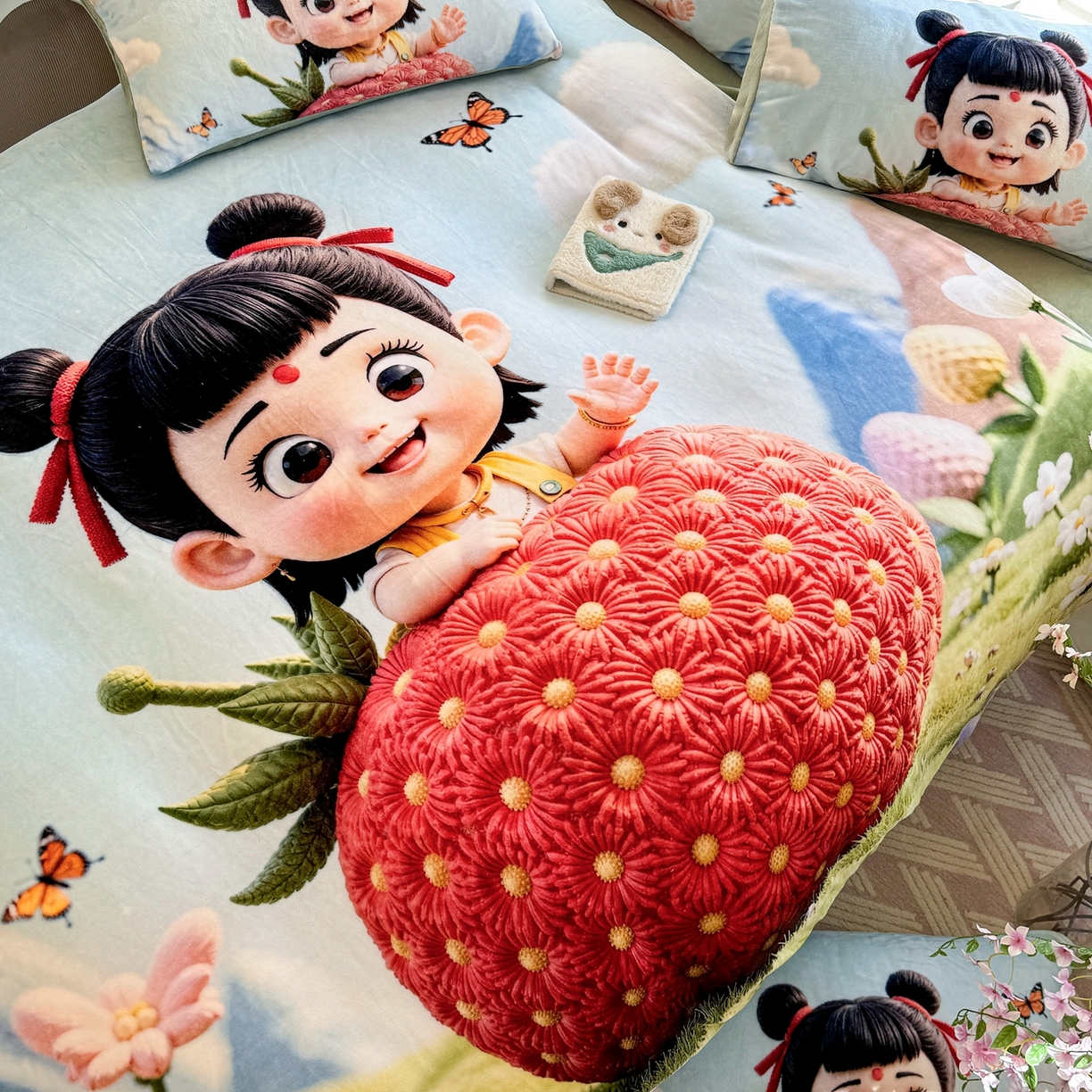 91家纺网 家纺一手货源 找家纺 馨语家居 2025新款直播热款高克重保暖卡通牛奶绒印花四件套 草莓哪吒