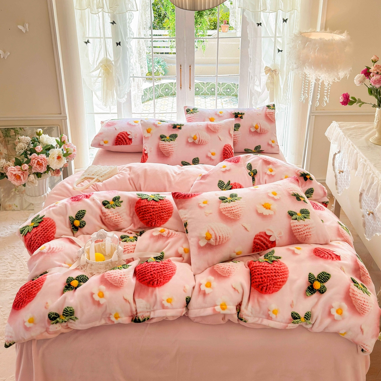 91家纺网 家纺一手货源 找家纺 馨语家居 2025新款直播热款高克重保暖卡通牛奶绒印花四件套 幸运草莓