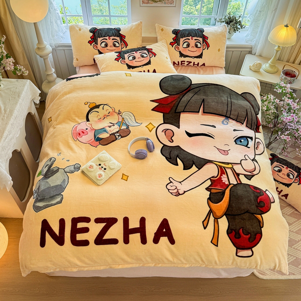 91家纺网 家纺一手货源 找家纺 馨语家居 2025新款直播热款高克重保暖卡通牛奶绒印花四件套 少年哪吒