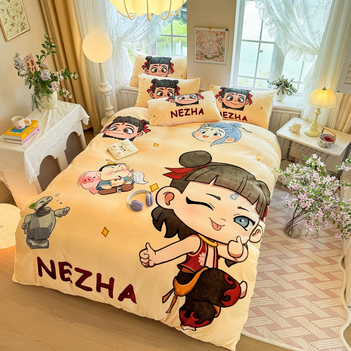 91家纺网 家纺一手货源 找家纺 馨语家居 2025新款直播热款高克重保暖卡通牛奶绒印花四件套 少年哪吒