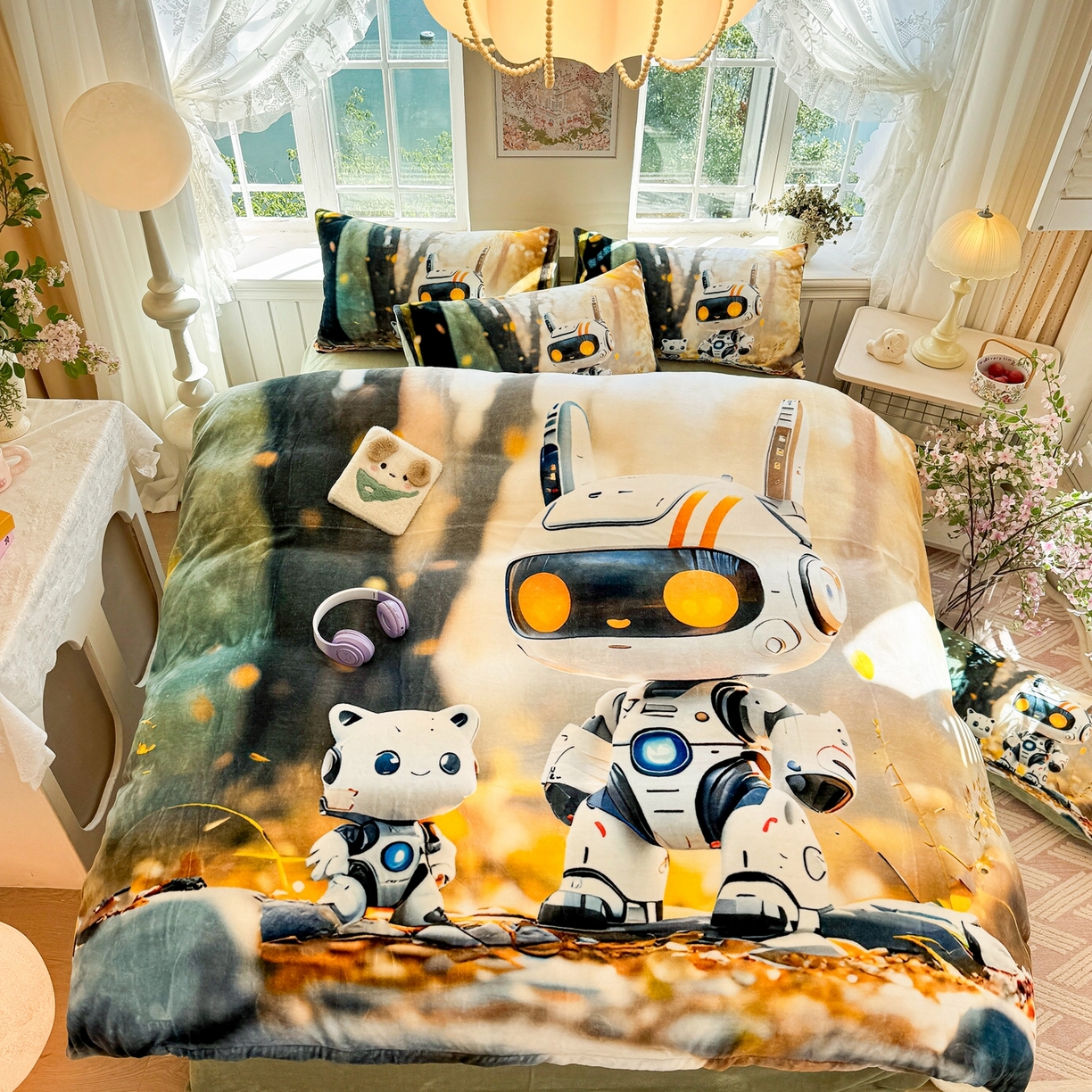 91家纺网 家纺一手货源 找家纺 馨语家居 2025新款直播热款高克重保暖卡通牛奶绒印花四件套 未来萌宠