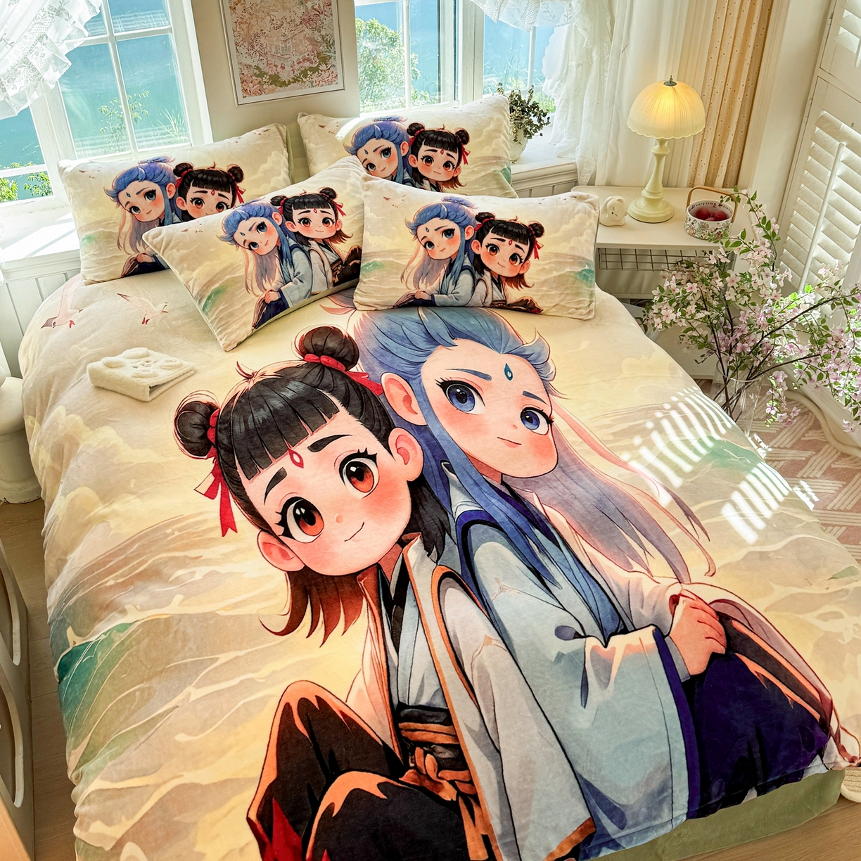 91家纺网 家纺一手货源 找家纺 馨语家居 2025新款直播热款高克重保暖卡通牛奶绒印花四件套 哪吒敖丙