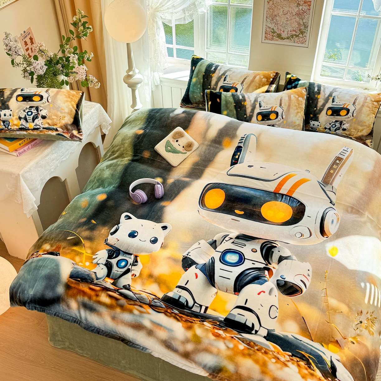 91家纺网 家纺一手货源 找家纺 馨语家居 2025新款直播热款高克重保暖卡通牛奶绒印花四件套 未来萌宠