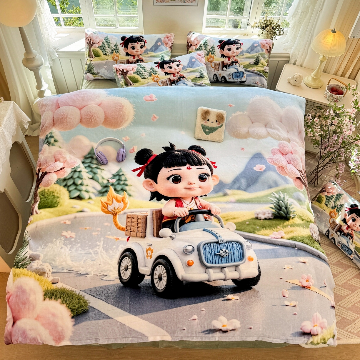 91家纺网 家纺一手货源 找家纺 馨语家居 2025新款直播热款高克重保暖卡通牛奶绒印花四件套 郊游哪吒