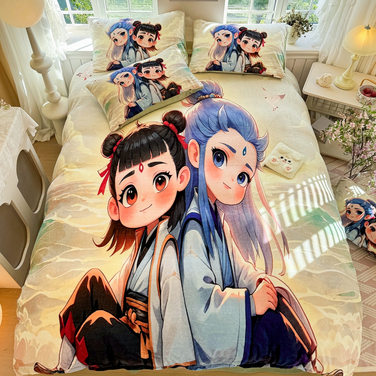 91家纺网 家纺一手货源 找家纺 馨语家居 2025新款直播热款高克重保暖卡通牛奶绒印花四件套 哪吒敖丙