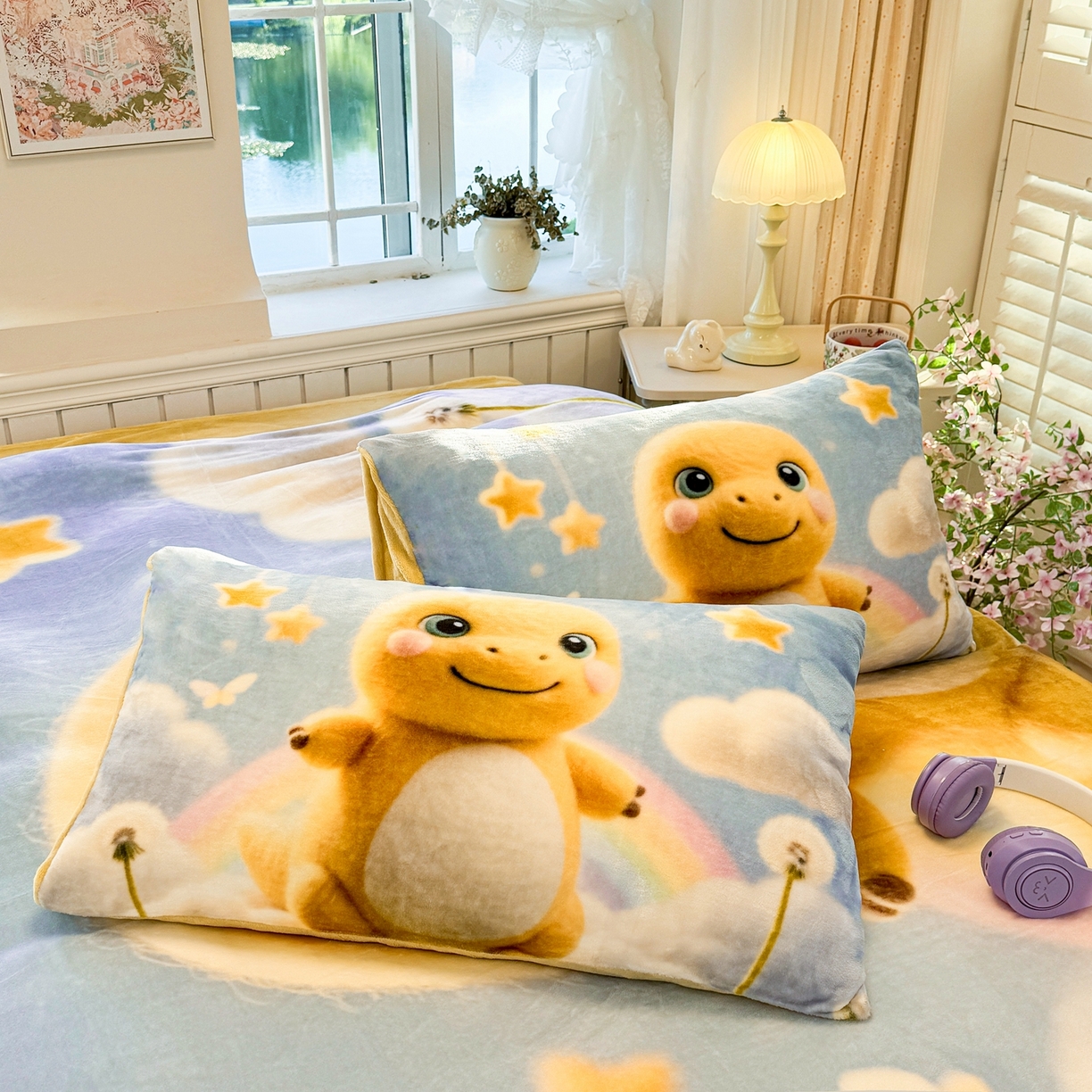 91家纺网 家纺一手货源 找家纺 馨语家居 2025新款直播热款高克重保暖卡通牛奶绒印花四件套 小奶龙