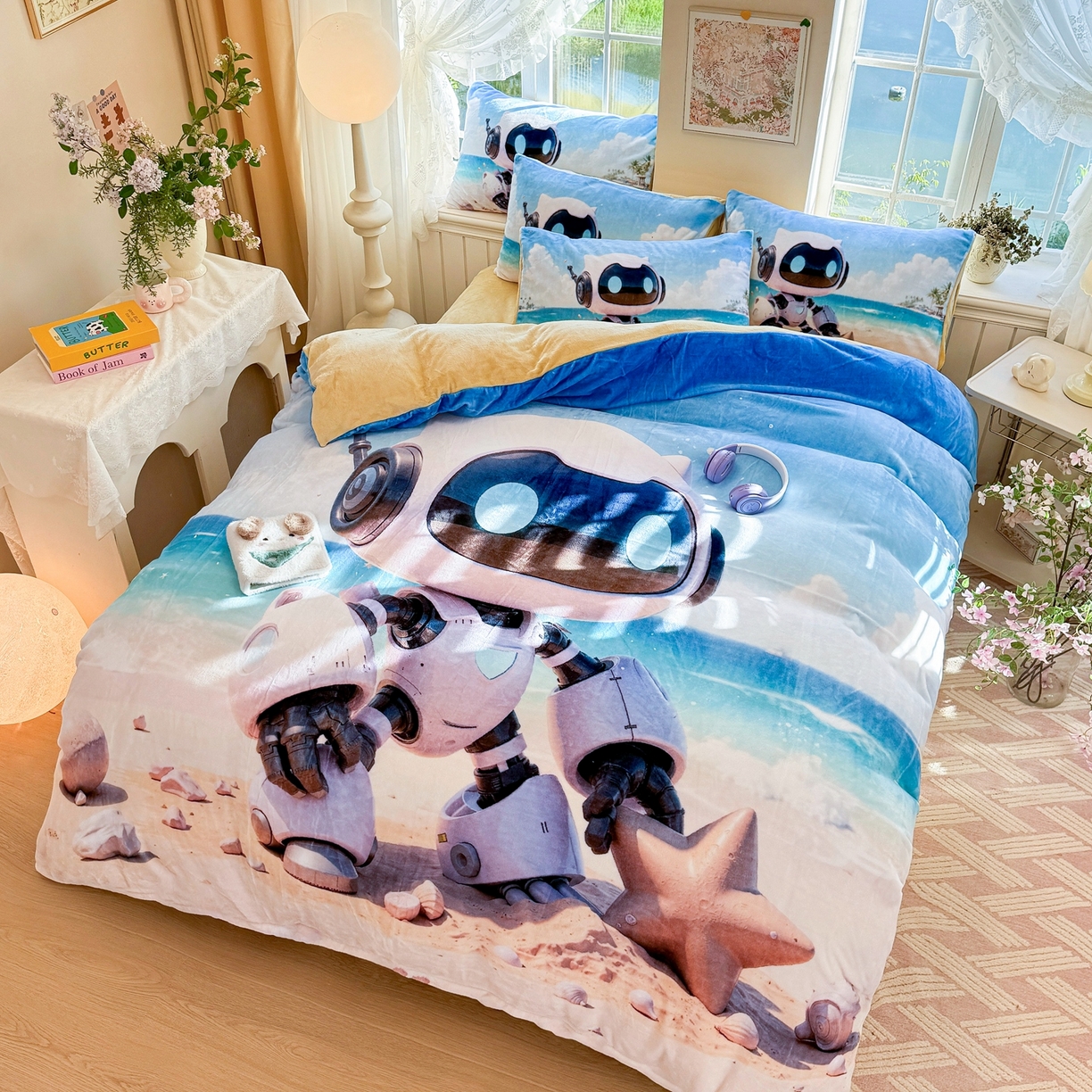 91家纺网 家纺一手货源 找家纺 馨语家居 2025新款直播热款高克重保暖卡通牛奶绒印花四件套 海洋机器人