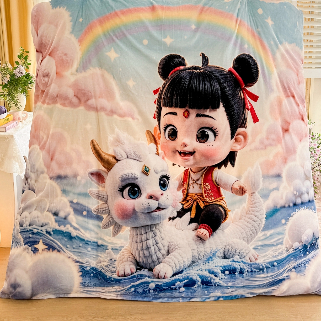 91家纺网 家纺一手货源 找家纺 馨语家居 2025新款直播热款高克重保暖卡通牛奶绒印花四件套 彩虹哪吒