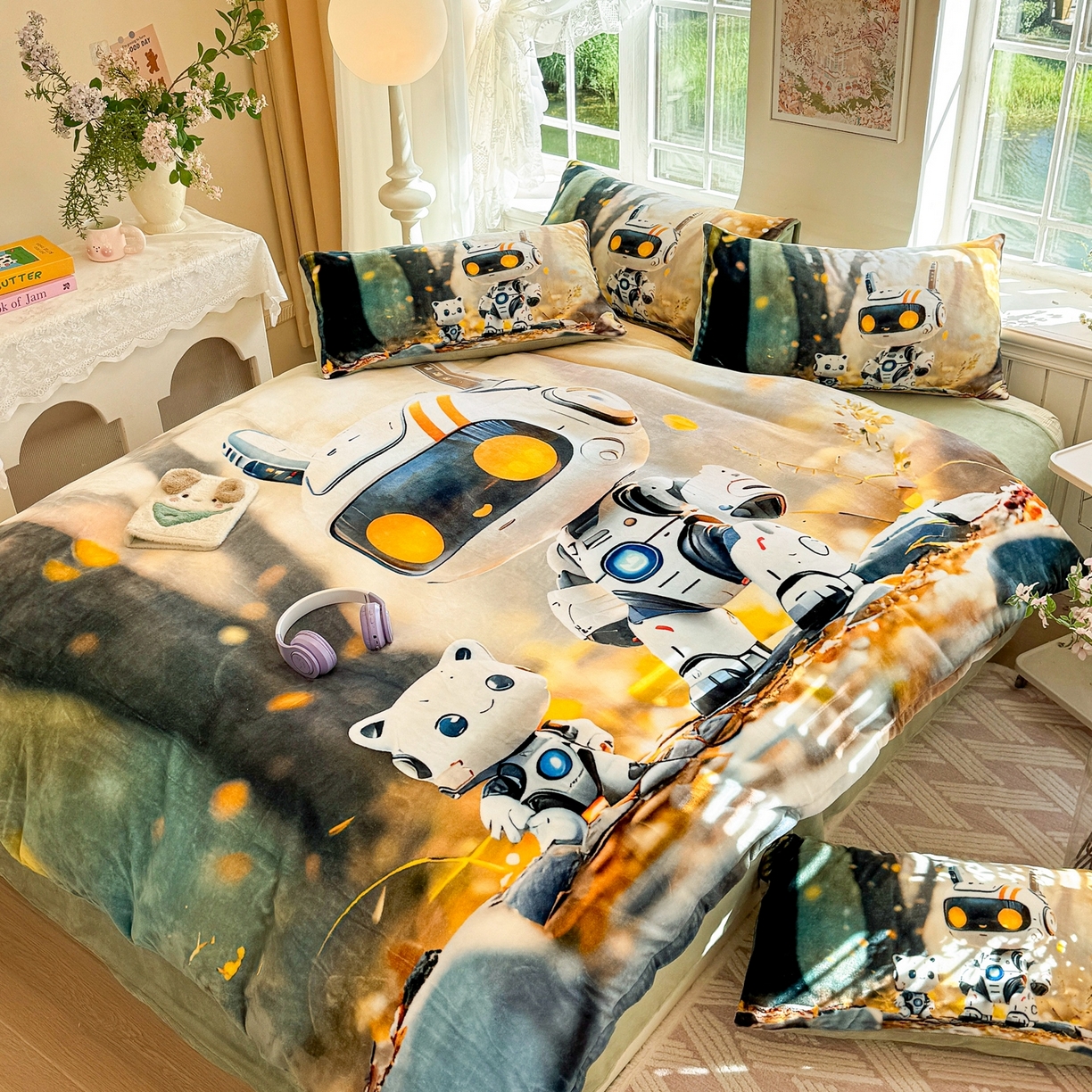 91家纺网 家纺一手货源 找家纺 馨语家居 2025新款直播热款高克重保暖卡通牛奶绒印花四件套 未来萌宠